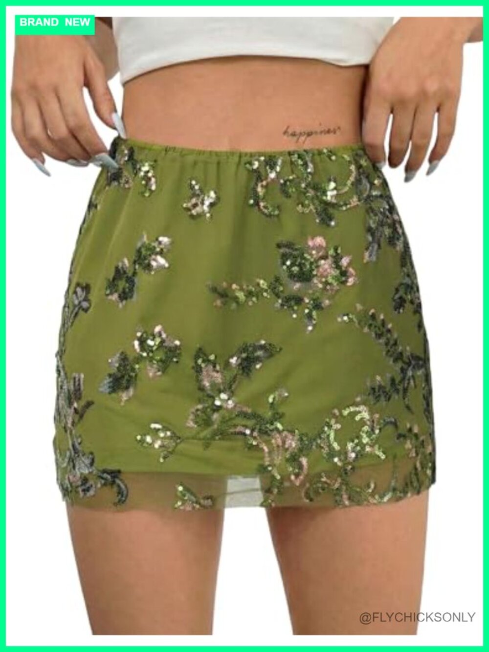 Sequin Mesh Floral Mini Skirt High Waist Stretch Party